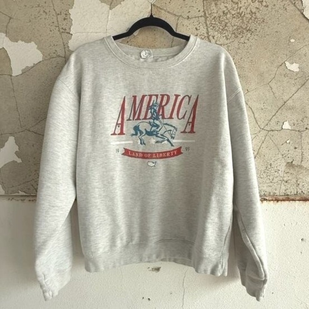 Vtg 90s Sweatshirt America Land of Liberty Graphic Print Fleece Pullover Delta